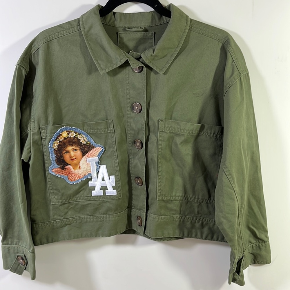 🆕OOAK>L.A. Love and Devotion green army crop patchwork jacket NWT
